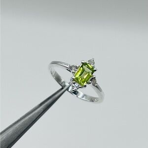 Natural Peridot and White Topaz Emerald Cut Sterling Silver Ring Size 7